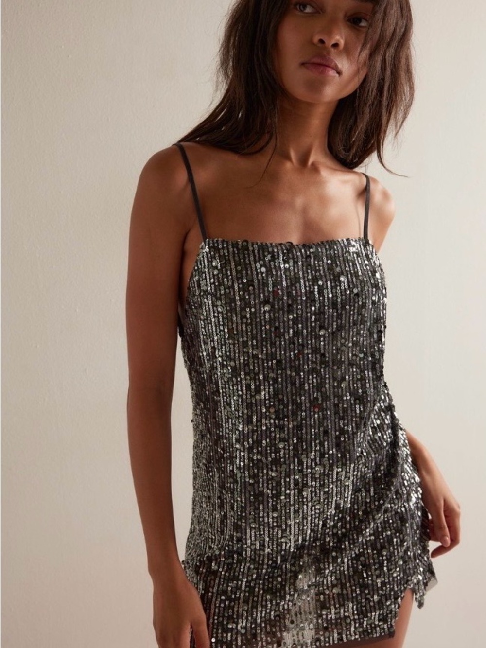 NWT!  Free People Intimately FP Midnight Kiss Slip Dress Silver Sequins Sheer ~L